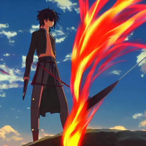 Image similar to sword made of fire in the style of Makoto Shinkai, anime, colorful, beautiful, 4k