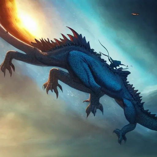 Prompt: Gigantic blue scaled dragon devouring an earth like planet while flying in space, sun system, behemoth, lizard, crocodile, comic, by Greg Rutkowski