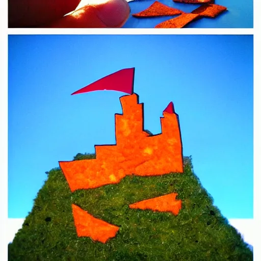 Image similar to a castle built out of doritos, yummy, sunset