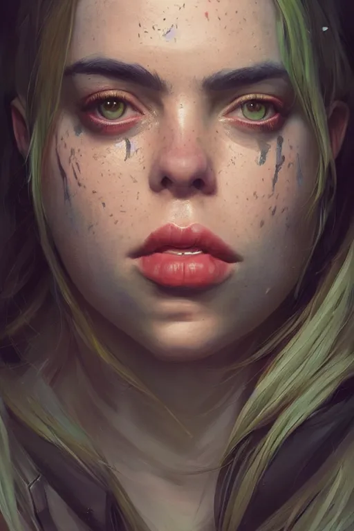 Prompt: portrait of a Billie eilish with a scaly skin and biotechnical parts and neon light by Artgerm and Greg Rutkowski , digital painting, highly detailed, trending on artstation