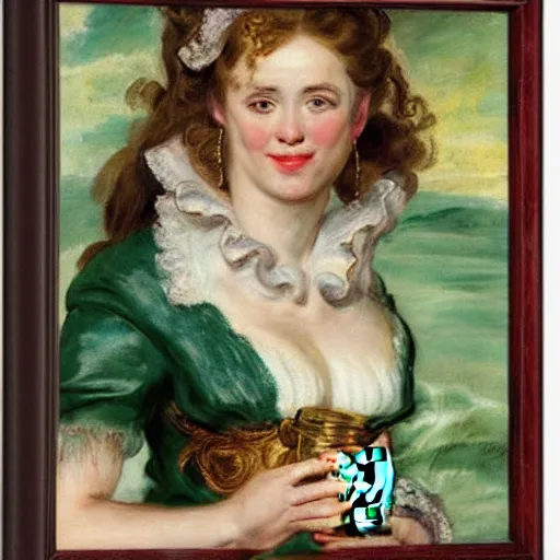 Image similar to heavenly summer sharp land sphere scallop well dressed lady holding a starbucks coffee cup, auslese, by peter paul rubens and eugene delacroix and karol bak, hyperrealism, digital illustration, fauvist, starbucks coffee cup green logo