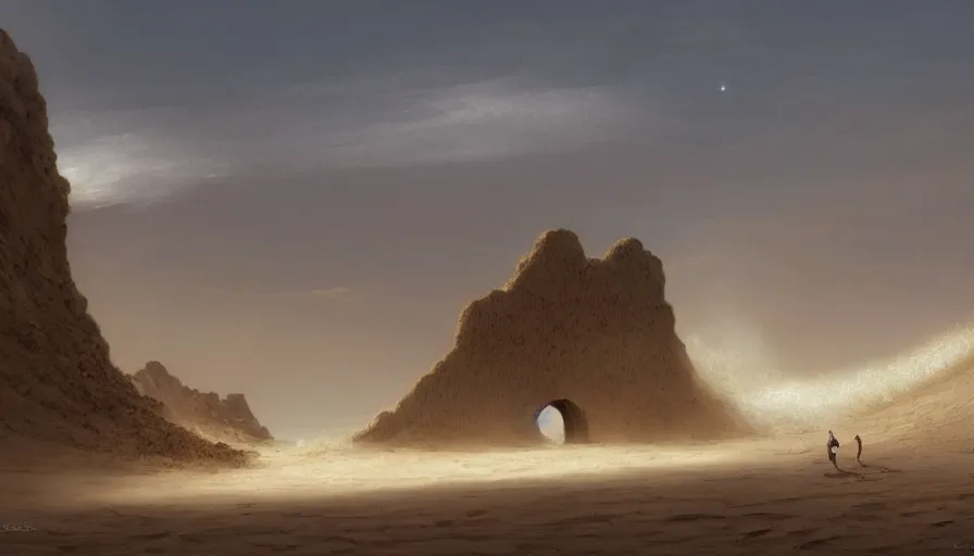 Prompt: a sand tsunami in the desert gate swallowing a man and a boy to different dimension spark, by caspar david friedrich by james gilleard and justin gerard, artstation, smooth, sharp focus, by jean baptiste, octane render