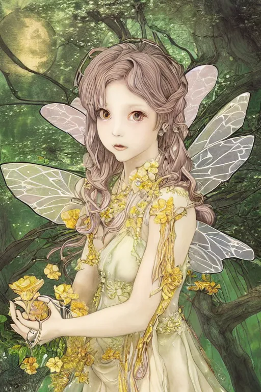 Prompt: breathtaking detailed soft painting of a little anime fairy princess in a luxurious moonlight forest, golden rose dress floating around, detailed symmetrical facial features, by Ayami kojima, loputyn and matcha, art nouveau gold stained glass windows, 8k, concept art, matte, sharp focus, rembrandt style
