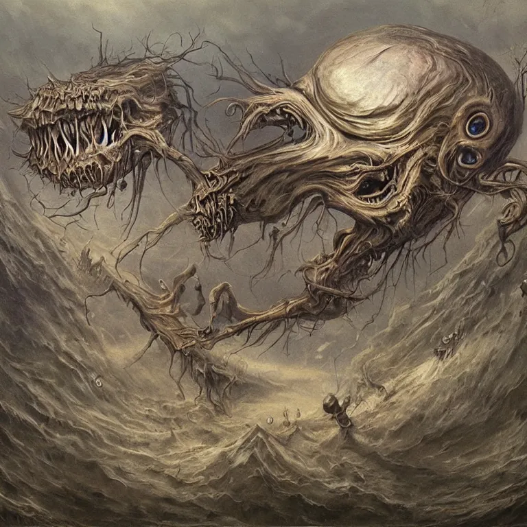 Prompt: a painting of a weird looking creature with its mouth open, a detailed painting by jarosław jasnikowski, trending on deviantart, neoplasticism, cosmic horror, grotesque, lovecraftian
