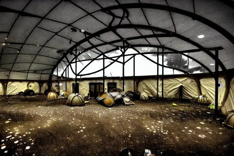 Image similar to post apocalyptic over grown indoor leisure centre shelter, night time, barrel fires and tents, dystopian, dirty