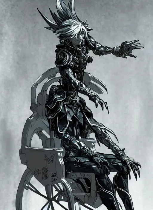 Image similar to Full body portrait of a frail elf in a wheelchair with silver hair and ornate robe. In style of Yoji Shinkawa and Hyung-tae Kim, trending on ArtStation, dark fantasy, great composition, concept art, highly detailed, dynamic pose.