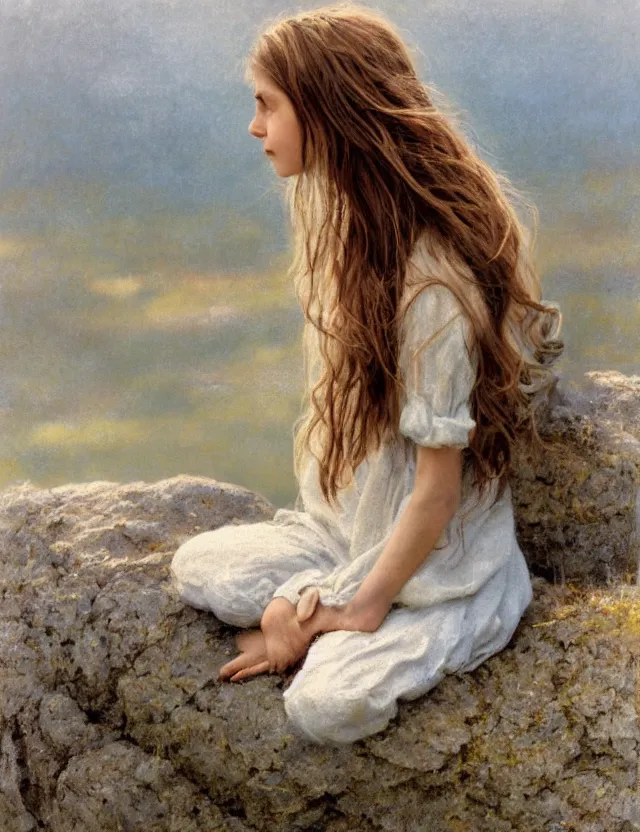 Image similar to peasant barefoot girl with long blowing windy hair sitting on the edge of rock, cottage core, cinematic focus, polaroid photo bleached vintage pastel colors high - key lighting, soft lights, foggy, by steve hanks, by lisa yuskavage, by serov valentin, by tarkovsky, 8 k render, detailed, oil on canvas