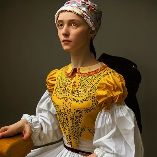 Image similar to hyperrealism photography in caravaggio style computer simulation visualisation of parallel universe sit - com scene with beautiful detailed ukrainian woman wearing ukrainian traditional shirt designed by taras shevchenko and woman wearing retrofuturistic sci - fi neural interface designed by josan gonzalez. hyperrealism photo on pentax 6 7, kodak portra 4 0 0 volumetric natural light - s 1 5 0