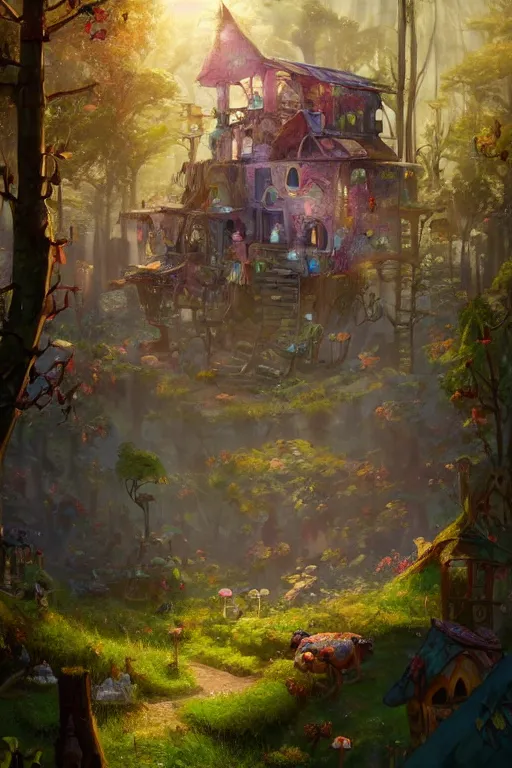 Image similar to a cheerful and whimsical ramshackle multistory hut in the woods, intricate, elegant, fantasy, highly detailed, digital painting, concept art, sharp focus, illustration, beautiful volumetric lighting, epic light, artstation, magic hour lighting, colorful, sunshine, springtime, art by Pixar