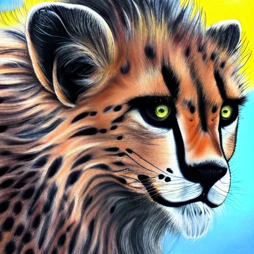 Image similar to profile view of cute fluffy cheetah cub with long colorful flowing lion mane blowing in the wind with mohawk top hairstyle hybrid animal detailed painting 4 k