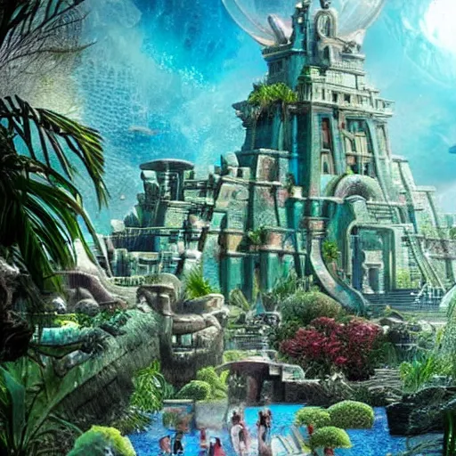 Image similar to once upon a time in the lost city of atlantis, futuristic but peaceful