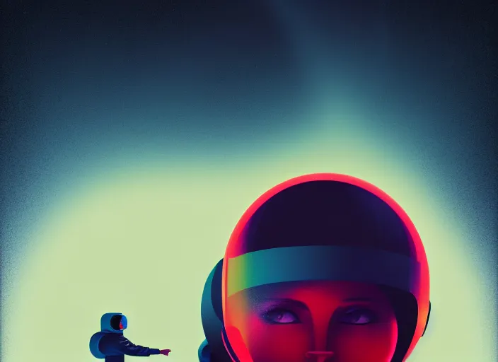 Image similar to portrait of a young astronaut girl, colorful, modern art deco, mads berg, karolis strautniekas, christopher balaskas, stippled light, fog, moody, fine texture, editorial illustration, dramatic lighting, dynamic composition, detailed, matte print, dynamic perspective, muted color