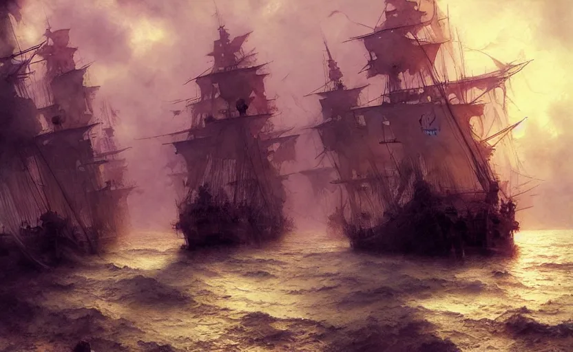 Image similar to pirate galleon fleet. intricate, amazing composition, colorful watercolor, by ruan jia, by maxfield parrish, by marc simonetti, by hikari shimoda, by robert hubert, by zhang kechun, illustration, gloomy, volumetric lighting, fantasy