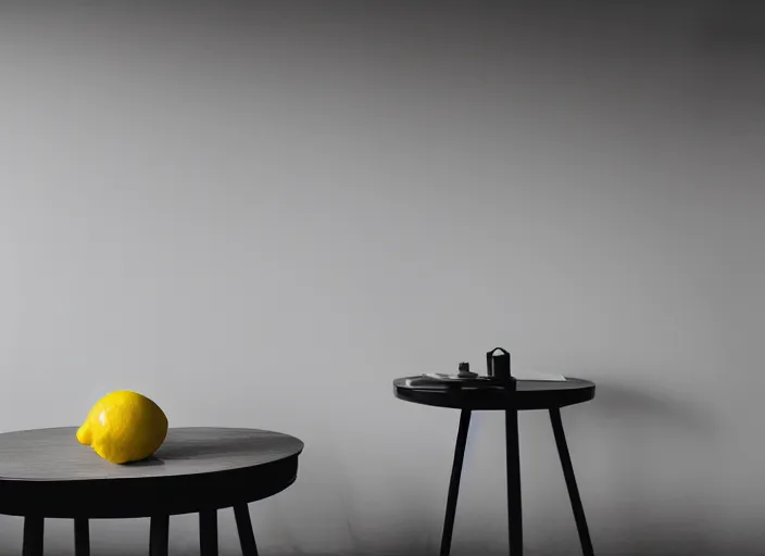 Image similar to dark liminal room, lemon sits idly on a centered table, eerie atmosphere, dark dramatic lighting, trending on unsplash, 4 k photorealism