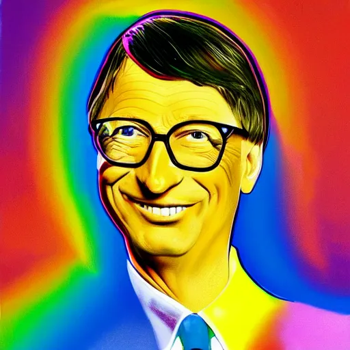 Prompt: Peter Max portrait of Bill Gates on acid