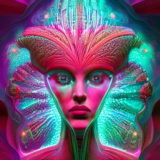 Image similar to Face of a Alien Deity, centered, corals, plume made of geometry, extremly detailed digital painting, sharp focus in the style of android jones, artwork of a futuristic artificial intelligence superstar with frames made of detailed circuits, mystical colors, rim light, beautiful lighting, 8k, stunning scene, raytracing, octane, under water visual distortion, dark tones colors, trending on artstation