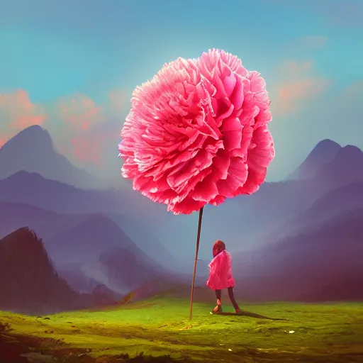 Image similar to giant carnation flower as a head, girl hiking in the mountains, surreal photography, sunrise, dramatic light, impressionist painting, colorful clouds, digital painting, artstation, simon stalenhag