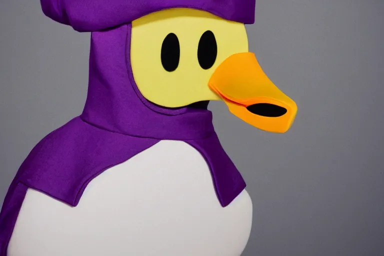 Image similar to duck wearing purple hat and cape and zoro mask by Roger Deakins