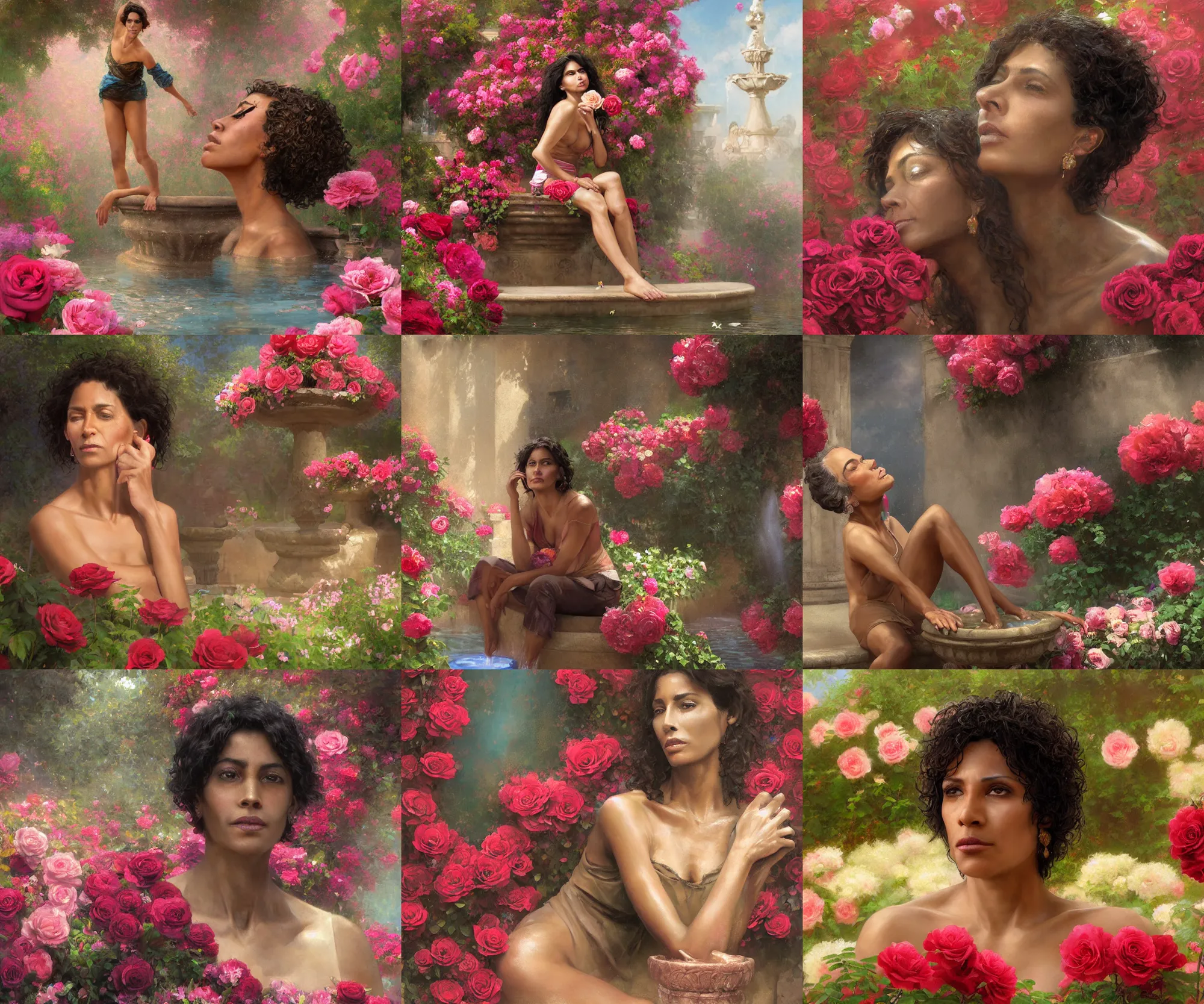 Prompt: digital art painting of a 5 0 years old latino brown skin skinny woman, wavy short hair, straight nose, sitting on the edge of a fountain surrounded by roses and flowers painted by craig mullins and gaston bussiere and greg rutkowski, dramatic lighting, symmetrical facial features, symmetrical face, defined facial features, close up