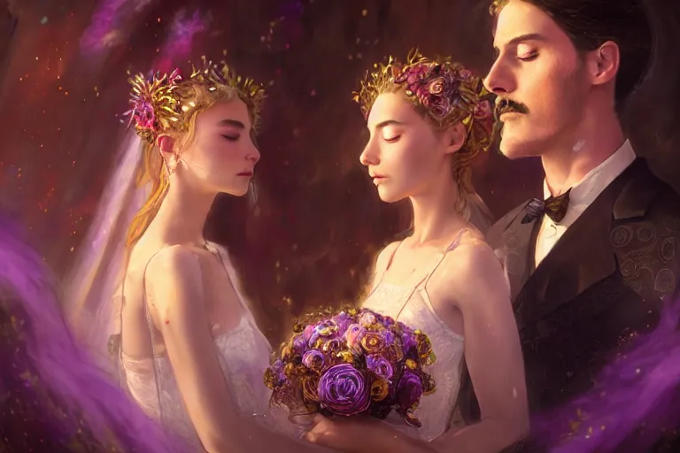 Prompt: a dreamlike cinematic portrait of wedding photograph close up moment of a divine a russia sun god and moon goddess lovers magician at a wedding banquet. portraiture. digital painting. artstation. concept art. fantasy wedding photo. digital painting, 8 k realistic, hyper detailed, violet evergarden art masterpiece by art by krenz cushart