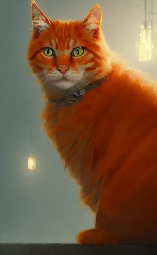 Image similar to a fluffy orange cat with long whisters and stern brown eyes, digital painting by greg rutkowski, artstation, intricate, highly detailed, cinematic lighting, concept art