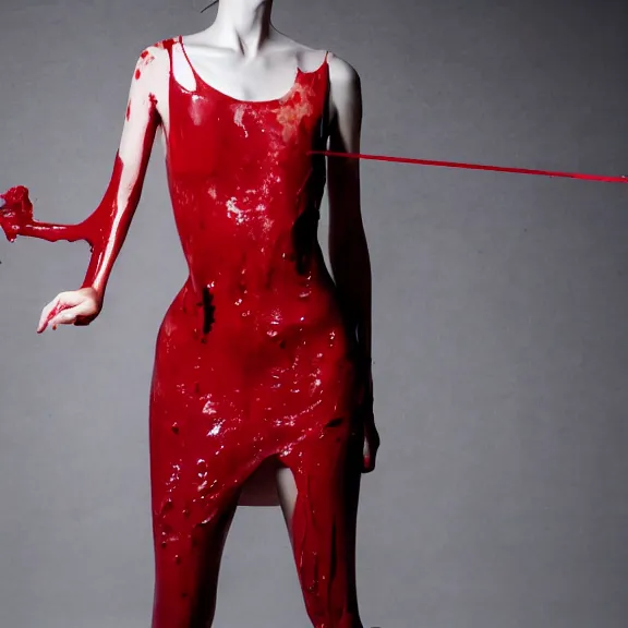 Prompt: dress made out of dripping red blood, on a manequinn, high end fasion, studio photograph