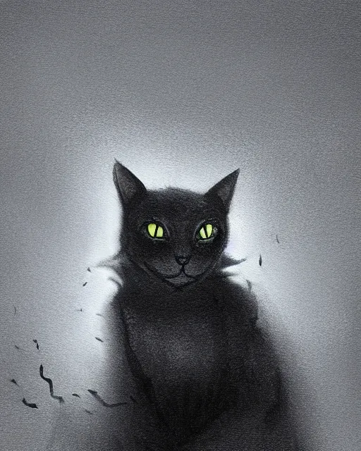 Prompt: Cat made out of shadows and fog, sneaking, portrait, dark fur, glowing eyes, horror, magic the gathering artwork, D&D, fantasy, cinematic lighting, centered, symmetrical, highly detailed, digital painting, artstation, concept art, smooth, sharp focus, illustration, volumetric lighting, epic Composition, 8k, art by Akihiko Yoshida and Greg Rutkowski and Craig Mullins, oil painting, cgsociety