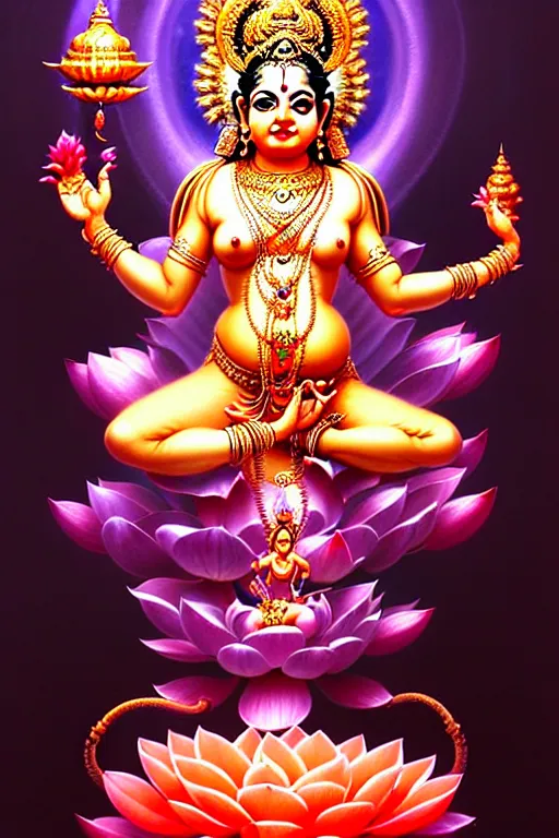 Image similar to beautiful hindu goddess lakshmi fantasy character portrait, four arms, standing on a lotus, single figure composition, full body, chubby, ultra realistic, intricate details, the fifth element artifacts, highly detailed by peter mohrbacher, hajime sorayama, wayne barlowe, boris vallejo, aaron horkey, gaston bussiere, craig mullins