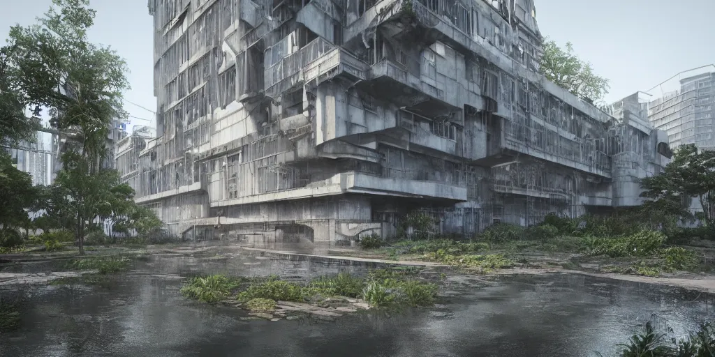 Image similar to an extremely detailed building, ultra modern brutalist architecture, streetscapes, surrounded by lush green forest and murky ponds of water, stunning volumetric lighting, sunset, rusted steel, smooth solid concrete, stunning skies, trending on Artstation, 8k, photorealistic, hyper detailed, unreal engine 5, IMAX quality, cinematic, epic lighting, in the style of the game DOOM, by Greg Rutkowski