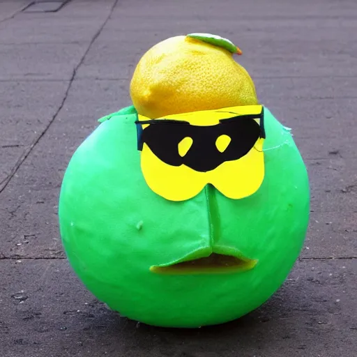 Image similar to a lemon dressed up as john lennon