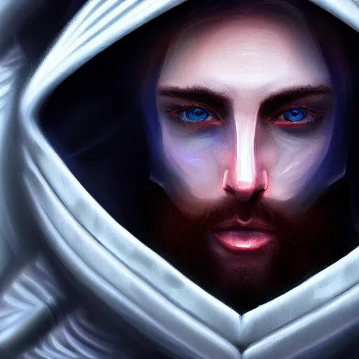 Prompt: a portrait of an ultradetailed futuristic male cyberpunk waring a hoodie, bearded, deep blue eyes, by dylan kowalski, 8 k, digital painting