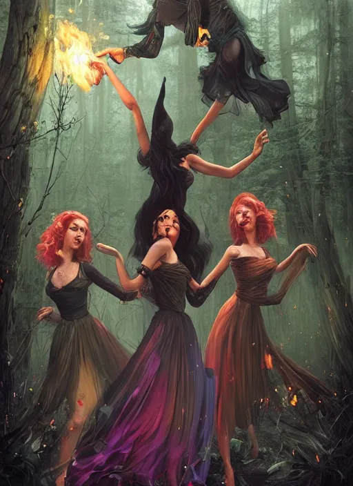 Prompt: three elegant, beautiful witches dancing around a bonfire in the woods at night, vivid colors, dark shadows, contrast, concept art, sharp focus, digital art, Hyper-realistic, 4K, Unreal Engine, Highly Detailed, Dramatic Lighting, Beautiful, by Brom, trending on Artstation, Tom Bagshaw