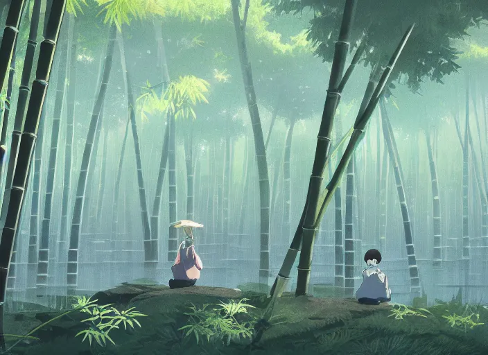 Prompt: deep in a misty japanese bamboo forest, lake foreground, mountain background, sunny, cartoony, stylized anime, sun rays, soft, moody lighting, by hayao miyazaki, ghibli studio, makoto shinkai, toei animation, studio trigger, trending on artstation, 4 k, hd