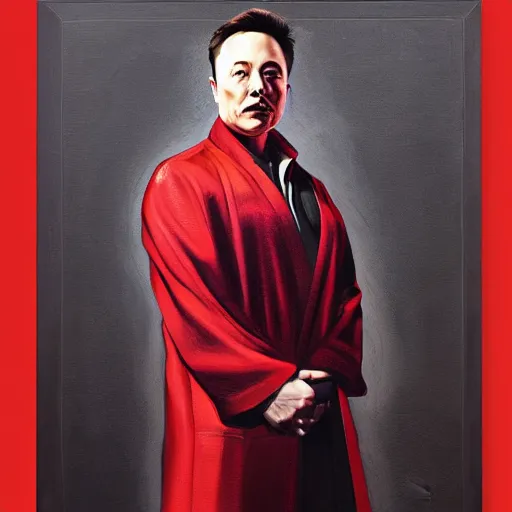 Image similar to Elon Musk wearing an elegant red hanfu with tesla designs, oil on canvas, highly detailed portrait, professional concept art, expressive