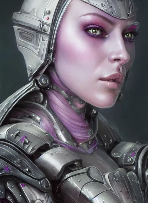 Image similar to a hyper detailed face portrait, extreme close up of a pale woman with purple hair in sci - fi cybernetic armor, sylvanas windrunner, sideshow figurines, by tom bagshaw, artgerm, dorian cleavenger, greg rutkowski, wlop, astri lohne, zdzisław beksinski trending on artstation