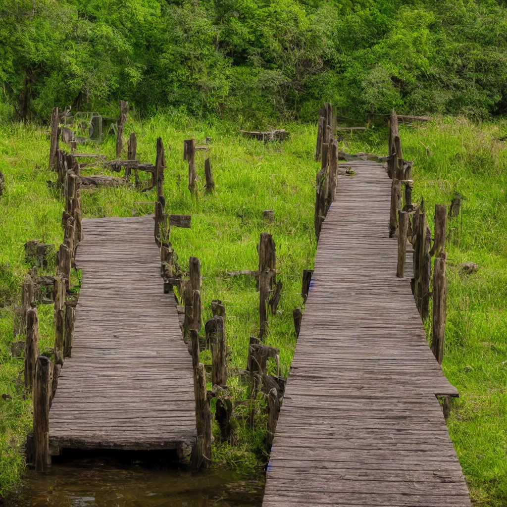 Prompt: old wooden bridge to small very polluted pond, scary, ambient, smoking, shocking, very detailed, 4 k, professional photography