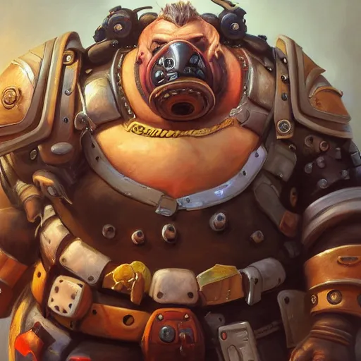 Prompt: detailed portrait of roadhog from overwatch, intricate, hyper detailed, realistic, oil painting, by julie bell, frank frazetta, cinematic lighting