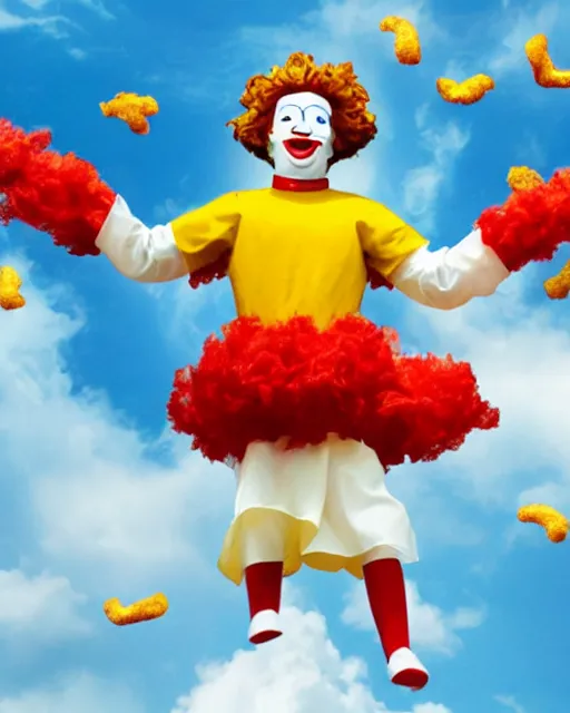 Prompt: ronald mcdonald as an angel ascending into the heavens with wings made entirely of french fries wings, an onion ring around his head, cute chicken nuggets flying in the sky, sunbeams, clouds