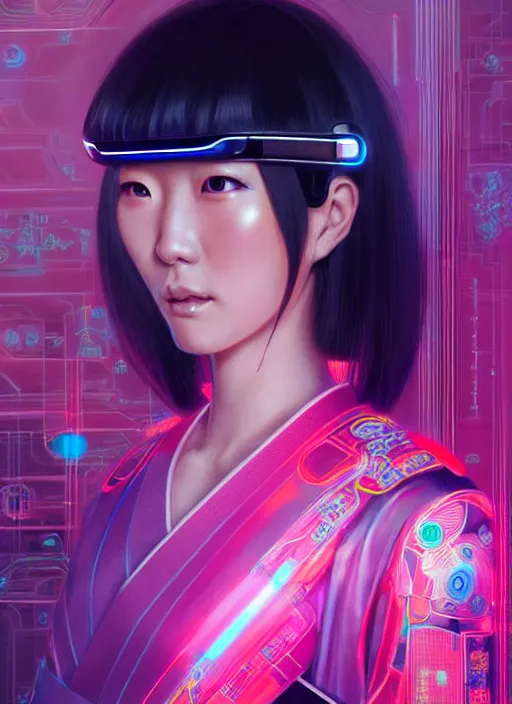 Prompt: portrait of female japanese android in elaborate kimono dress, wearing a vr headgear, hologram hovering around her, intricate detail, cyber neon lighting, highly detailed, digital photography, artstation, glamor pose, concept art, art by artgerm and greg rutkowski, pinterest, artstation,