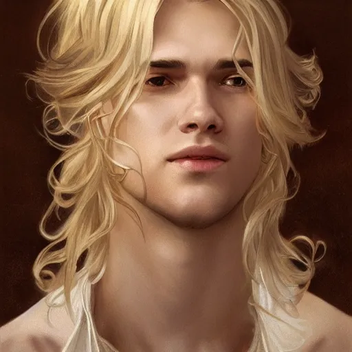 Prompt: A pregnant blond androgynous prince with closed eyes smiling, very detailed sharp angular masculine face, hooked nose and square jaw long fluffy curly blond hair, light blond hair, gorgeous, beautiful, intricate, highly detailed, digital painting, artstation, concept art, sharp focus, illustration, art by greg rutkowski and alphonse mucha
