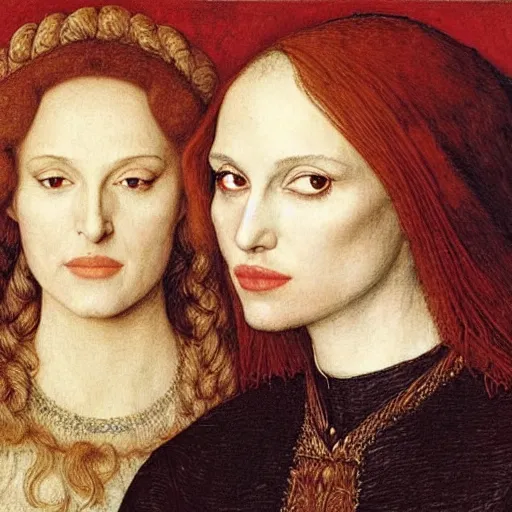 Prompt: portrait of natalie portman and scarlet johansson, by albrecht durer, jean delville, jan van eyck, da vinci