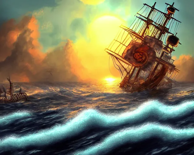 Prompt: Kraken destroying a pirate ship, tumultuous sea, sunset, digital art by dreamworks