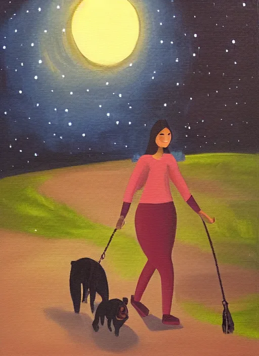 Image similar to young brown woman walking her dog in a park at night with a full moon, acrylic painting, fantasy