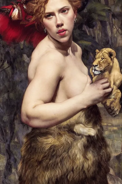 Prompt: scarlett johansson as a lion tamer by edgar maxence and caravaggio and michael whelan and delacroix