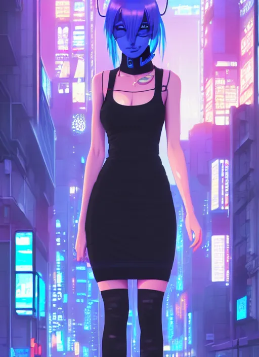 Image similar to hyper realistic photograph portrait of cyberpunk pretty girl with blue hair, wearing a tight black dress, in city street at night, by makoto shinkai, ilya kuvshinov, lois van baarle, rossdraws, basquiat