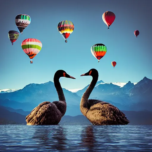 Image similar to photo of two black swans touching heads in a beautiful reflective mountain lake, a colorful hot air balloon is flying above reflecting off water, hot air balloon, intricate, 8k highly professionally detailed, centered, HDR, CGsociety