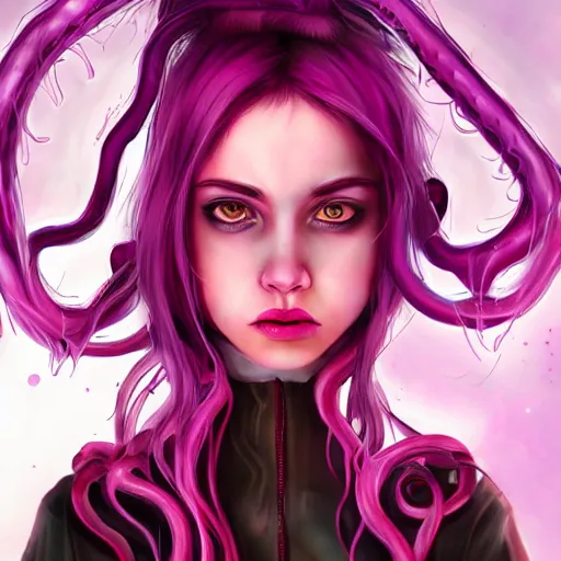 Prompt: artstation young girl with purple eyes and tentacles on her head in fury, very detailed, in glass town, portrait, high contrast