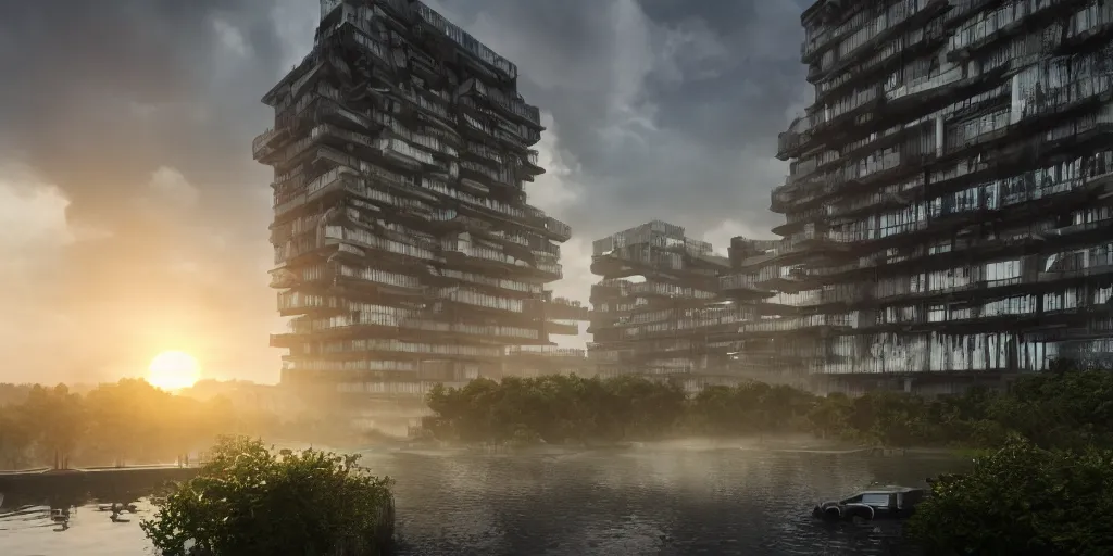 Image similar to a stunningly detailed building, brutalist architecture, surrounded by lush green forest, ponds of water, stunning volumetric lighting, sunset, metal, concrete, stunning skies, trending on Artstation, 8k, photorealistic, hyper detailed, unreal engine 5, IMAX quality, cinematic, epic lighting, from Quake, by Greg Rutkowski