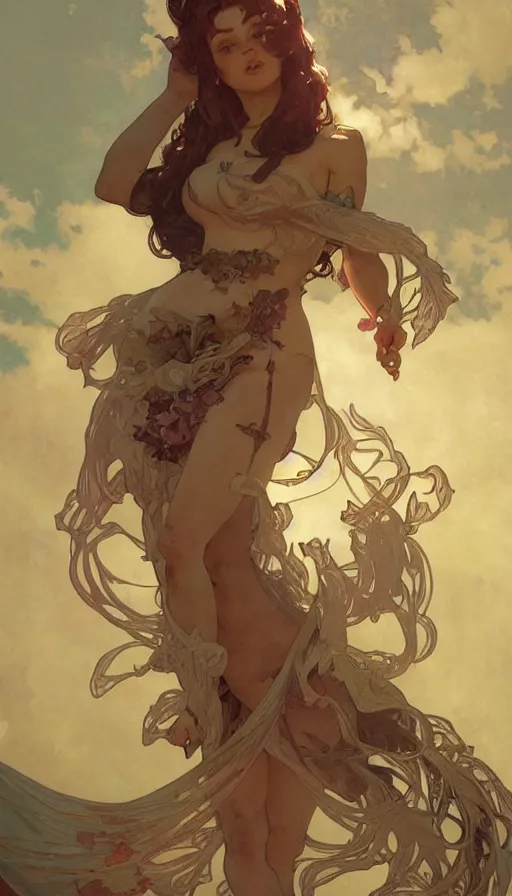 Image similar to seraphine in a cute pinup pose by artgerm, greg rutkowski and alphonse mucha, concept art, matte, intricate, full body, epic composition