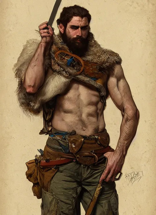 Image similar to portrait of a rugged ranger, muscular, upper body, hairy torso, D&D, fantasy, intricate, elegant, highly detailed, digital painting, artstation, concept art, smooth, sharp focus, illustration, art by alphonse mucha